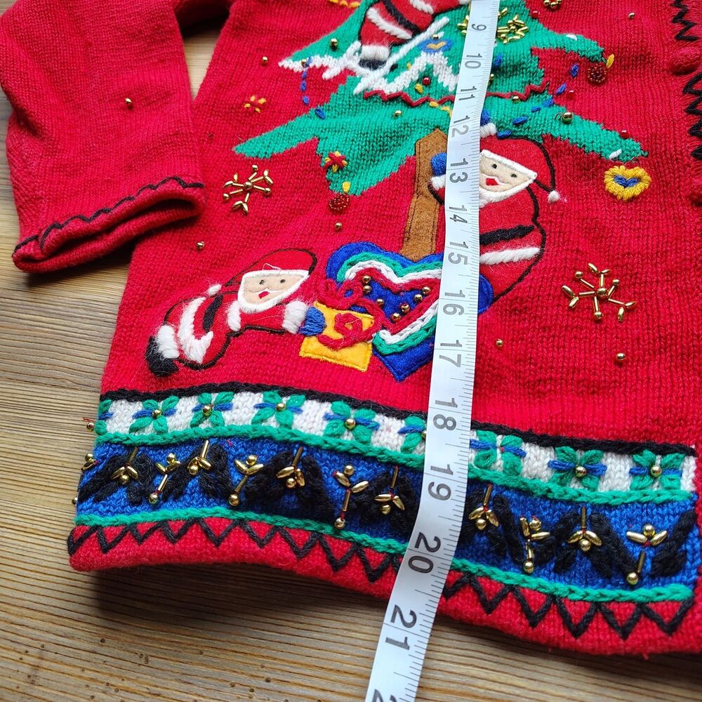 Vintage Christmas Cardigan Sweater Size M Santa Claus Tree Embellished Retro - Picture 10 of 12